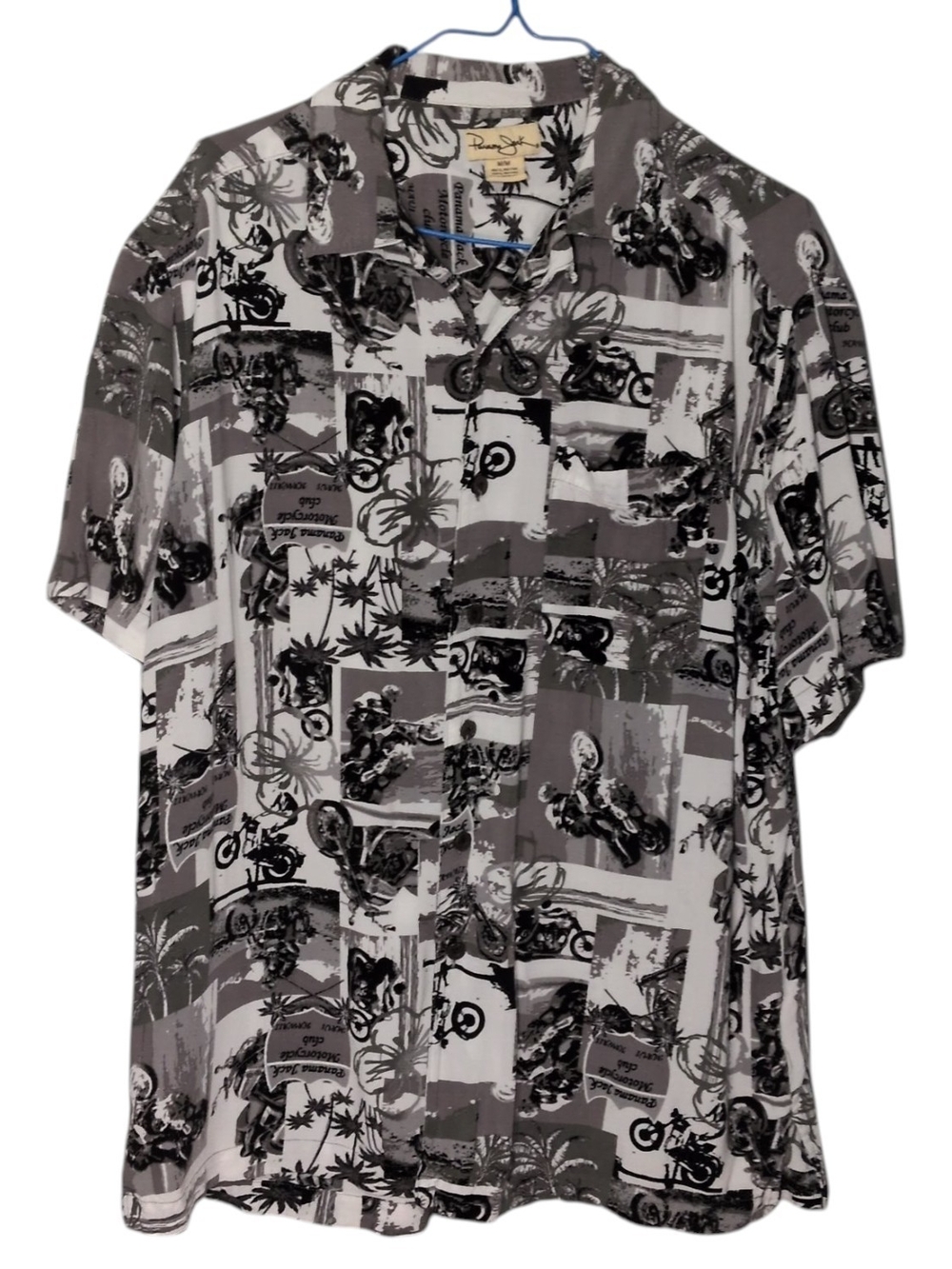 Panama Jack Black/White ALL PRINT Hawaiian CAMP Shirt Motorcycle Mens Medium
